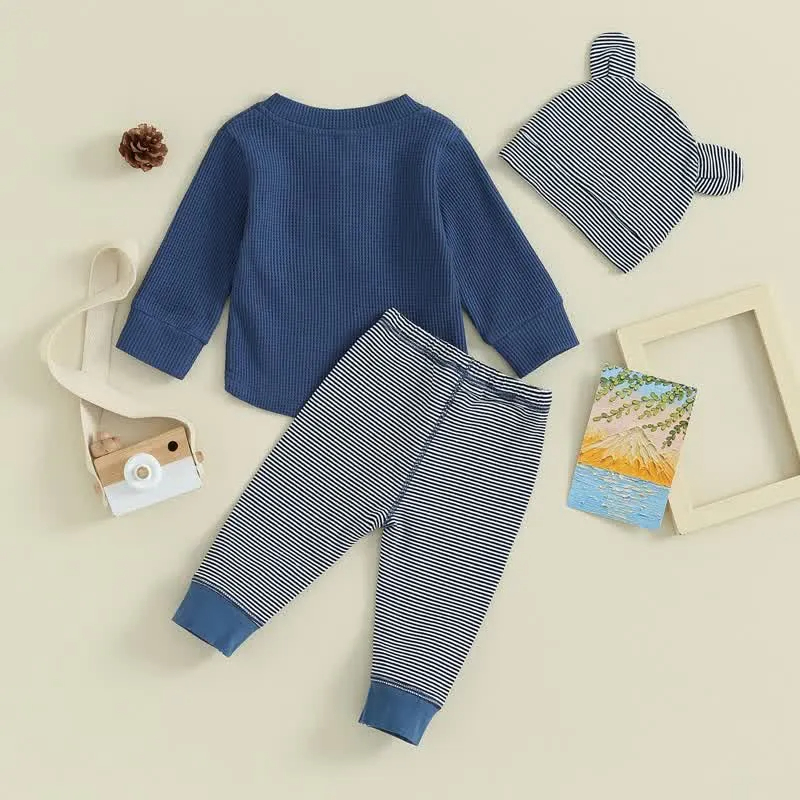 Baby Waffle Top Striped Pants and Hat 3pcs Set