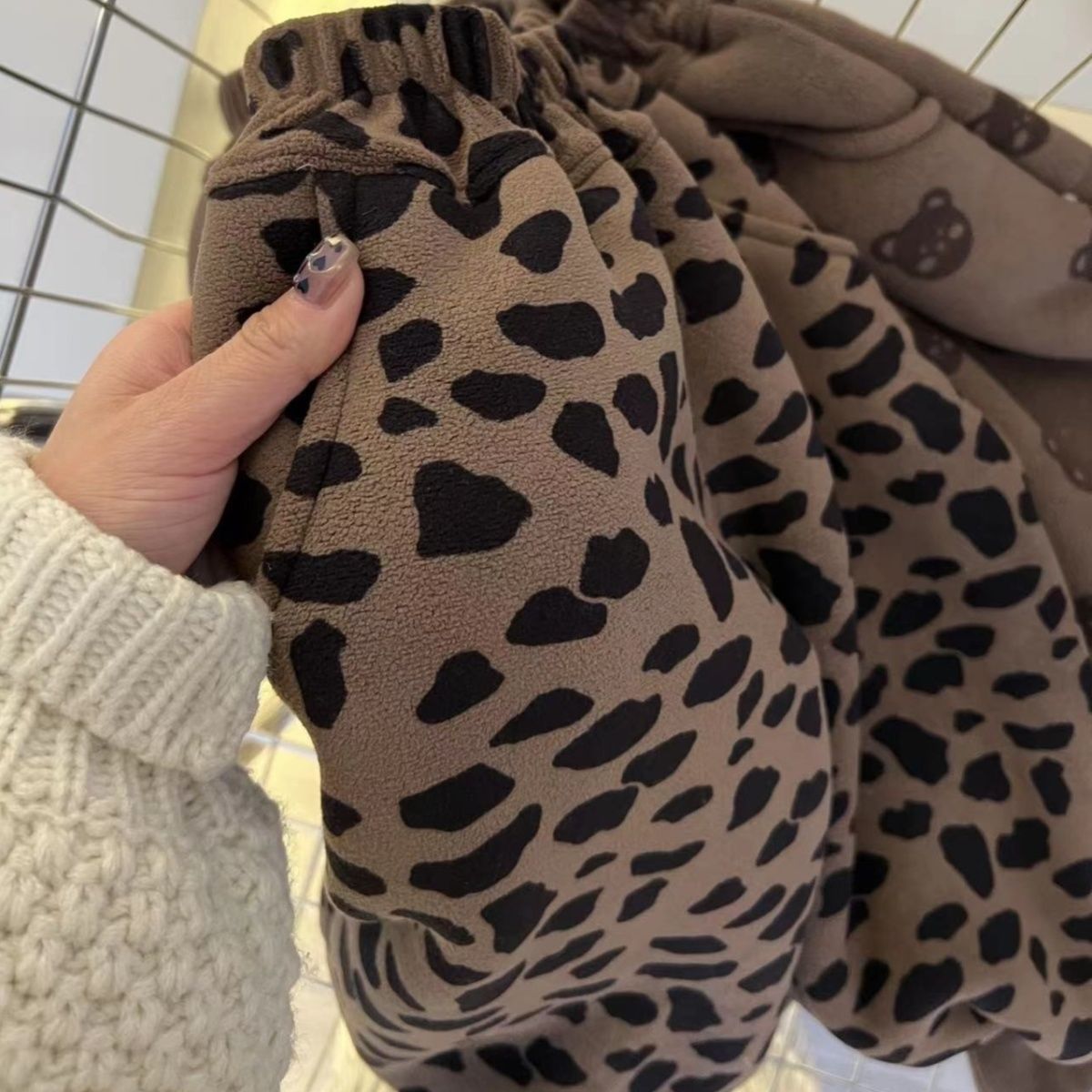Kids Leopard Print Bear Fleece Lined Pants