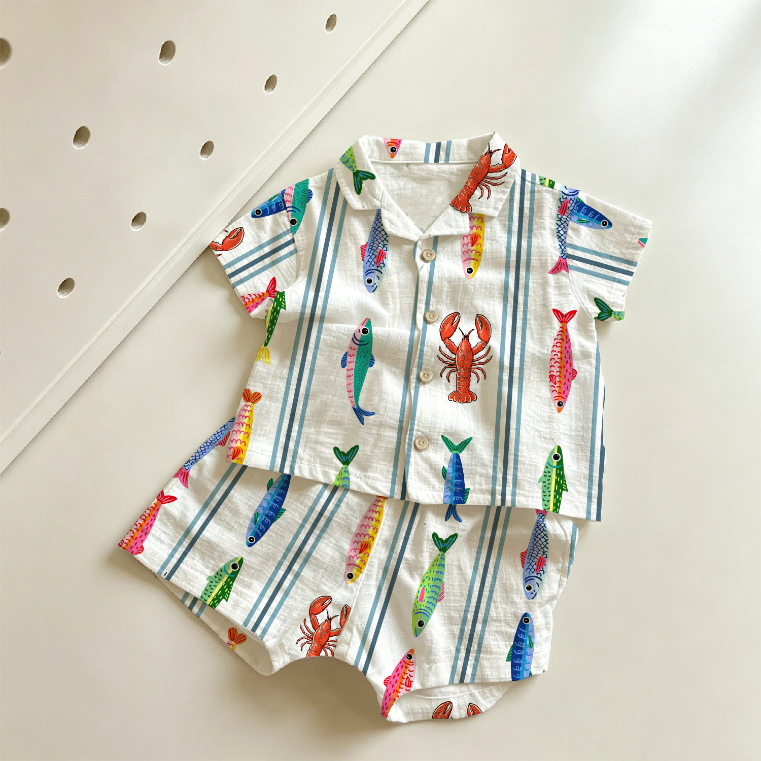 Baby & Kids Stripe Sardines Lobster Pattern Lapel Beach Sets