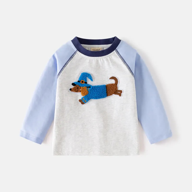 Toddler Embroidered Dog Contrast Color Raglan T-Shirt