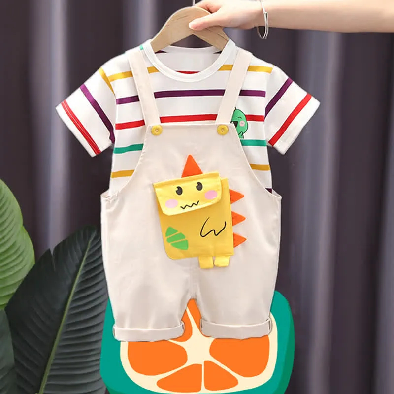 Baby Toddler 2-Piece Dinosaur Striped Overalls Set