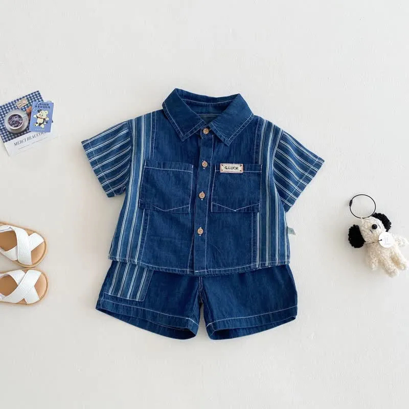 Baby 2-Piece Vertical Striped Denim Polo Set