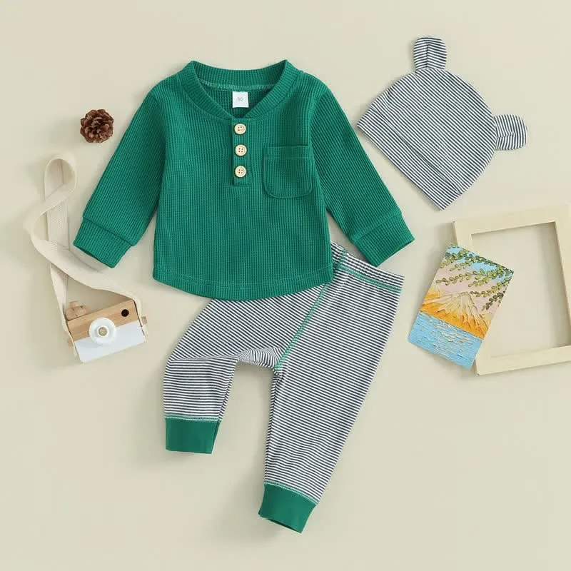 Baby Waffle Top Striped Pants and Hat 3pcs Set