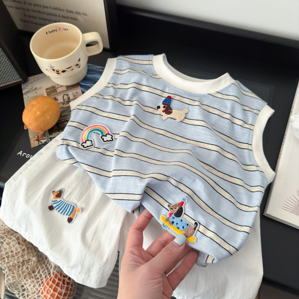 Kids Rainbow Puppy Striped Vest Top and Pants Set