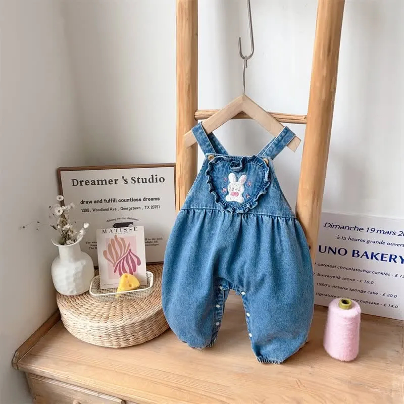 Baby 2-Piece Embroidered Bunny Denim Overalls Set