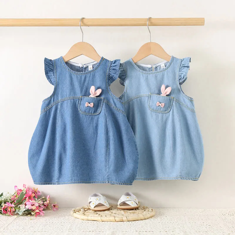 Baby Denim Pocket Bunny Ruffled Dress