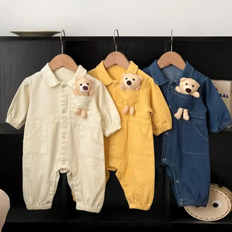 Baby Bear Pocket Lapel Denim Romper