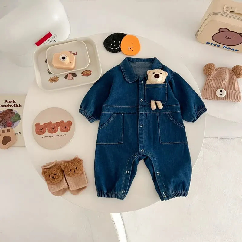 Baby Bear Pocket Lapel Denim Romper