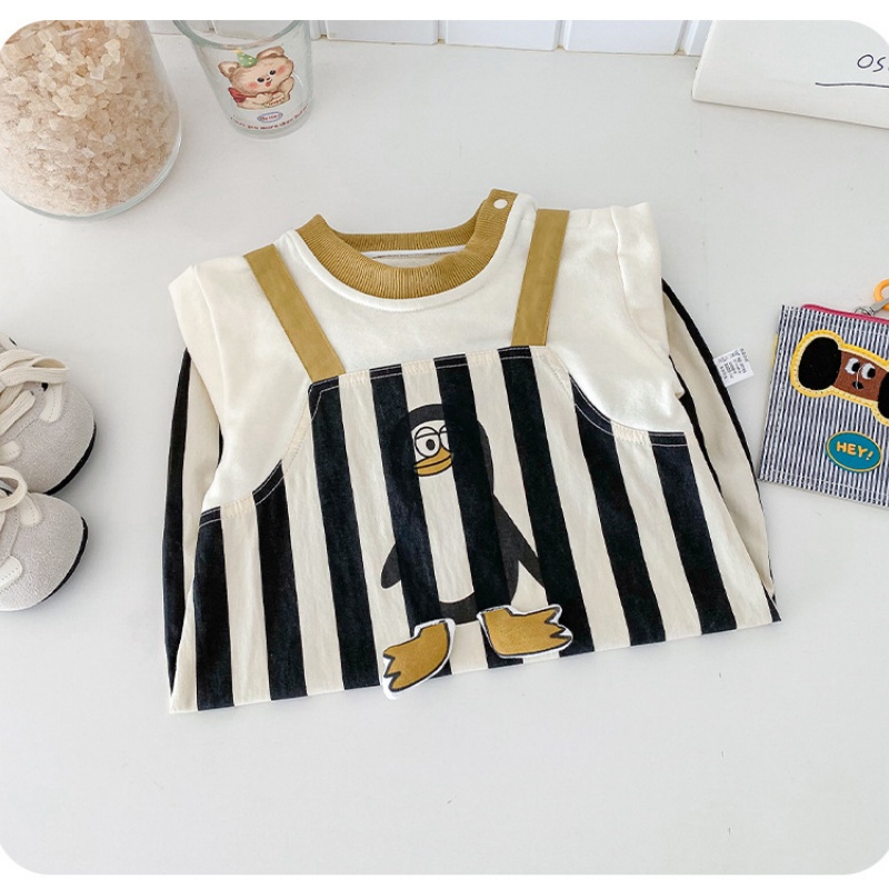 Baby Penguin Print Striped Patchwork Romper