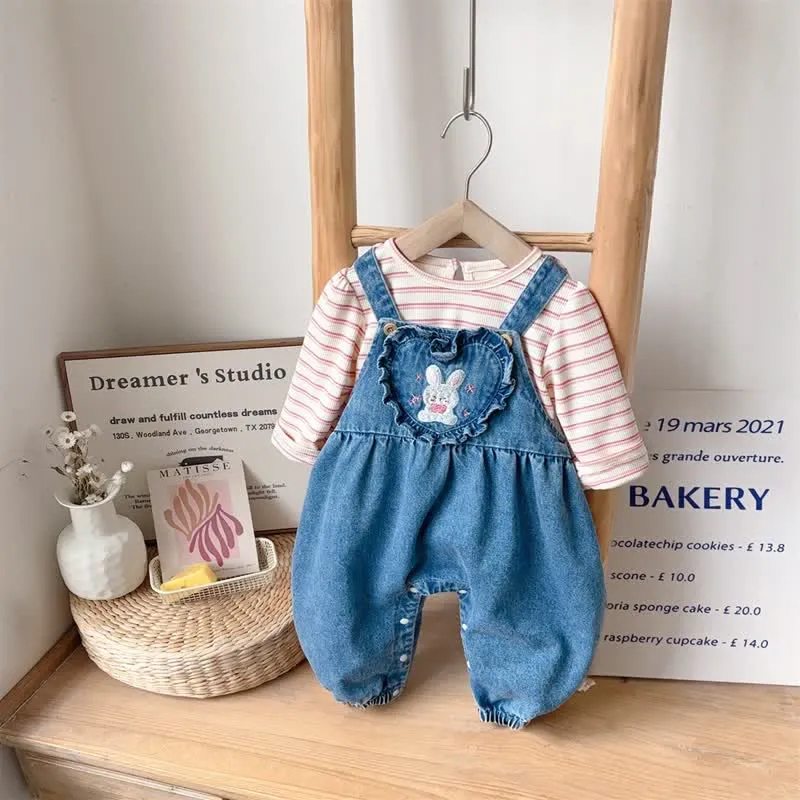 Baby 2-Piece Embroidered Bunny Denim Overalls Set