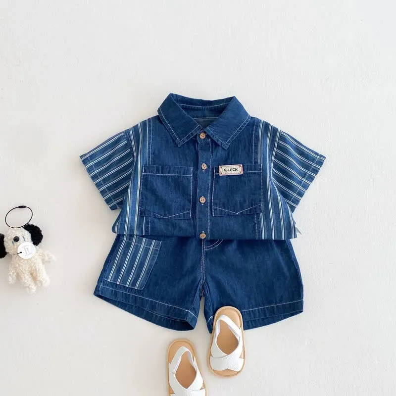 Baby 2-Piece Vertical Striped Denim Polo Set