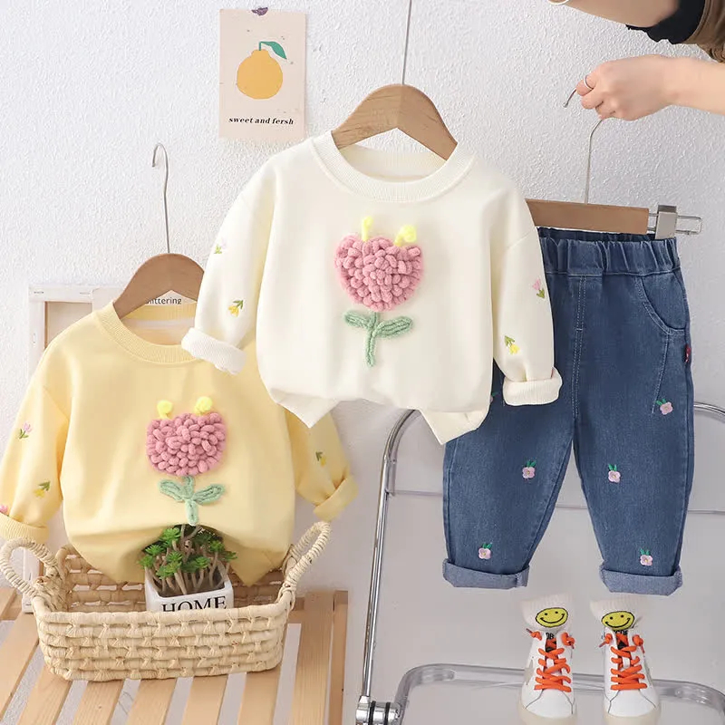 Kid 2-Piece Lovely Flower Denim Set