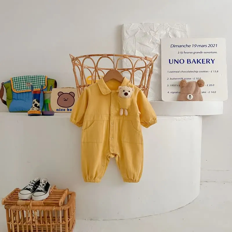 Baby Bear Pocket Lapel Denim Romper