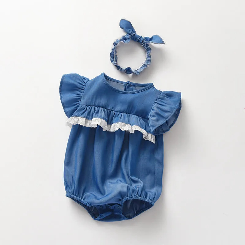 Baby Ruffled Denim Bodysuit with Headband