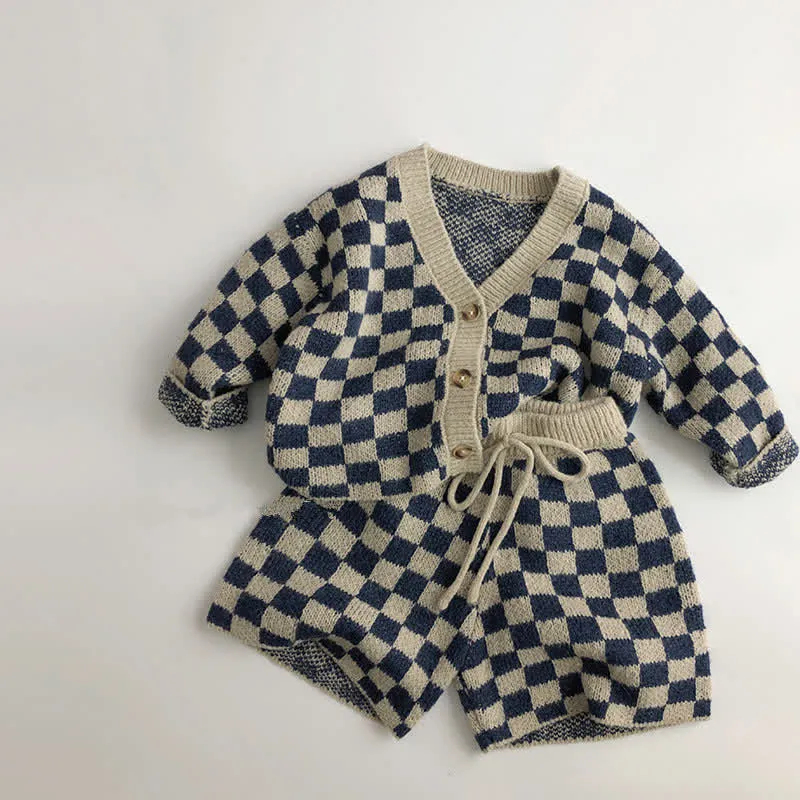 Toddler Boy Knitted Checkerboard Cardigan Shorts