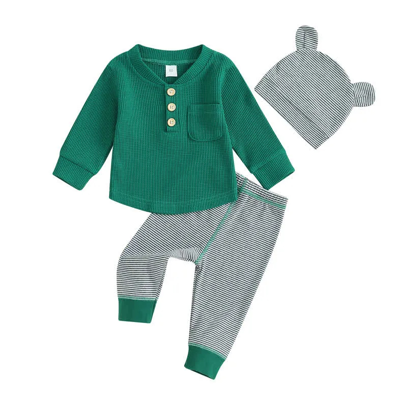 Baby Waffle Top Striped Pants and Hat 3pcs Set