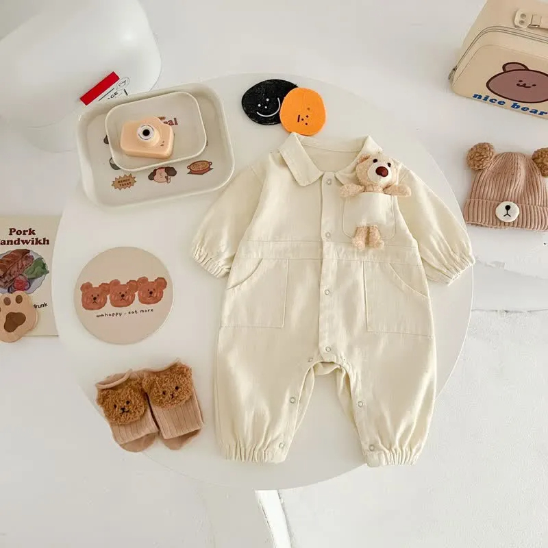 Baby Bear Pocket Lapel Denim Romper