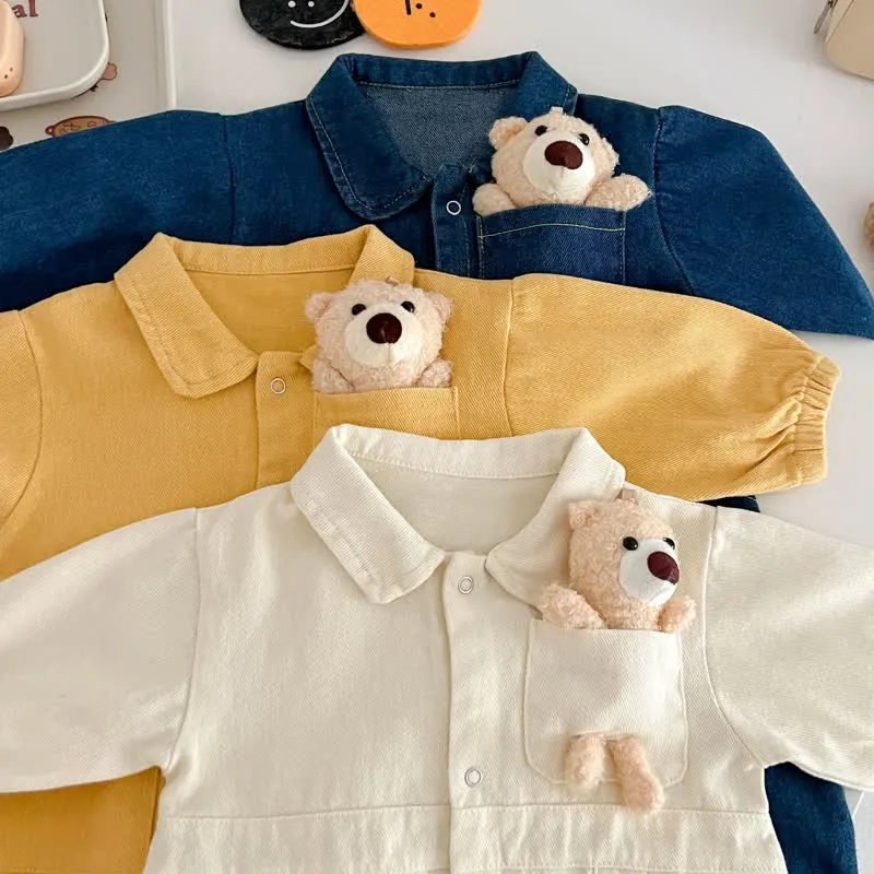 Baby Bear Pocket Lapel Denim Romper