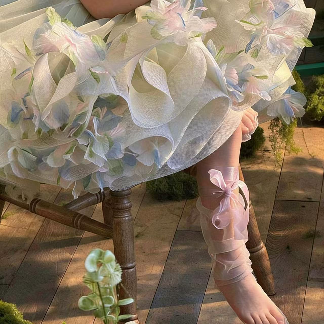 Kids 3D Floral Embroidery Pearl Tulle Dress