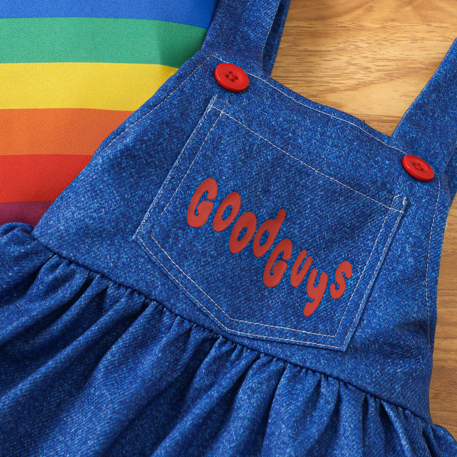 Baby Toddler Rainbow Striped Puff-Sleeve Shirt and Faux Denim Pinafore Dress Set