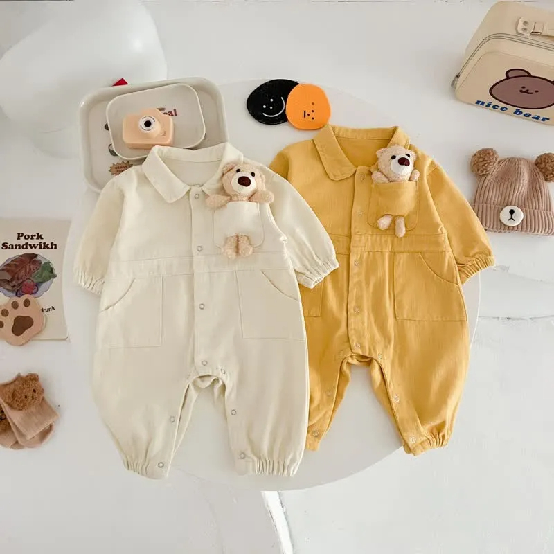 Baby Bear Pocket Lapel Denim Romper