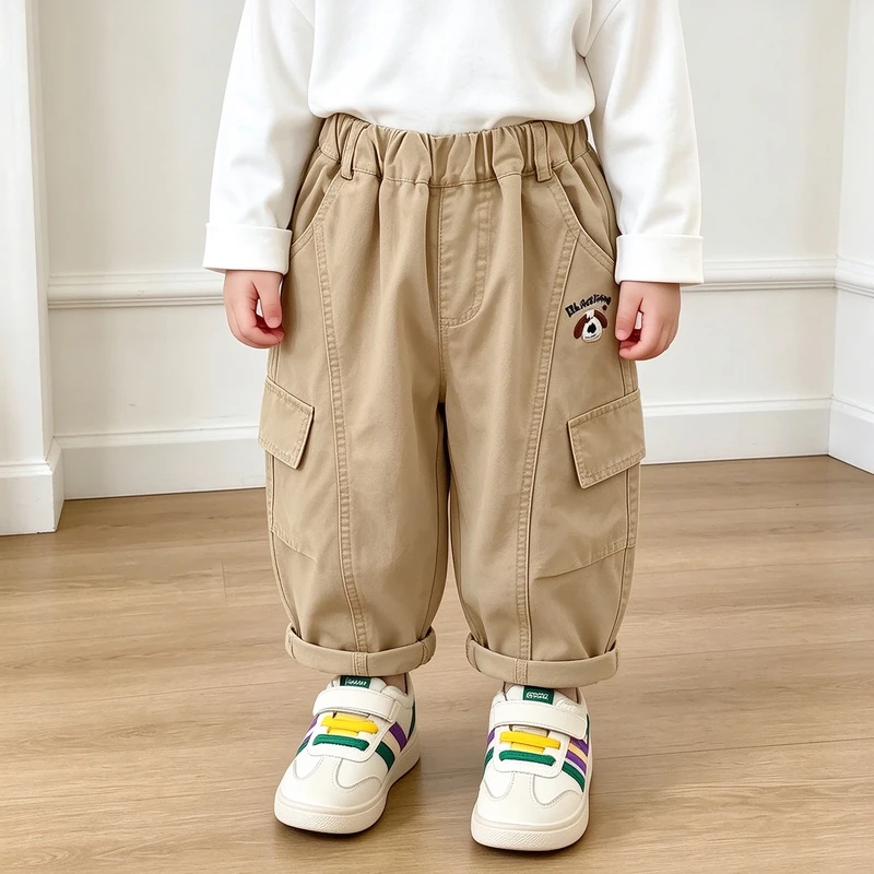 Kids Solid Color Embroidered Dog Cargo Pants