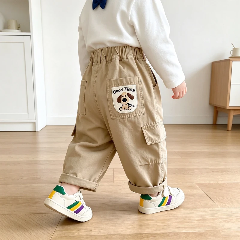 Kids Solid Color Embroidered Dog Cargo Pants