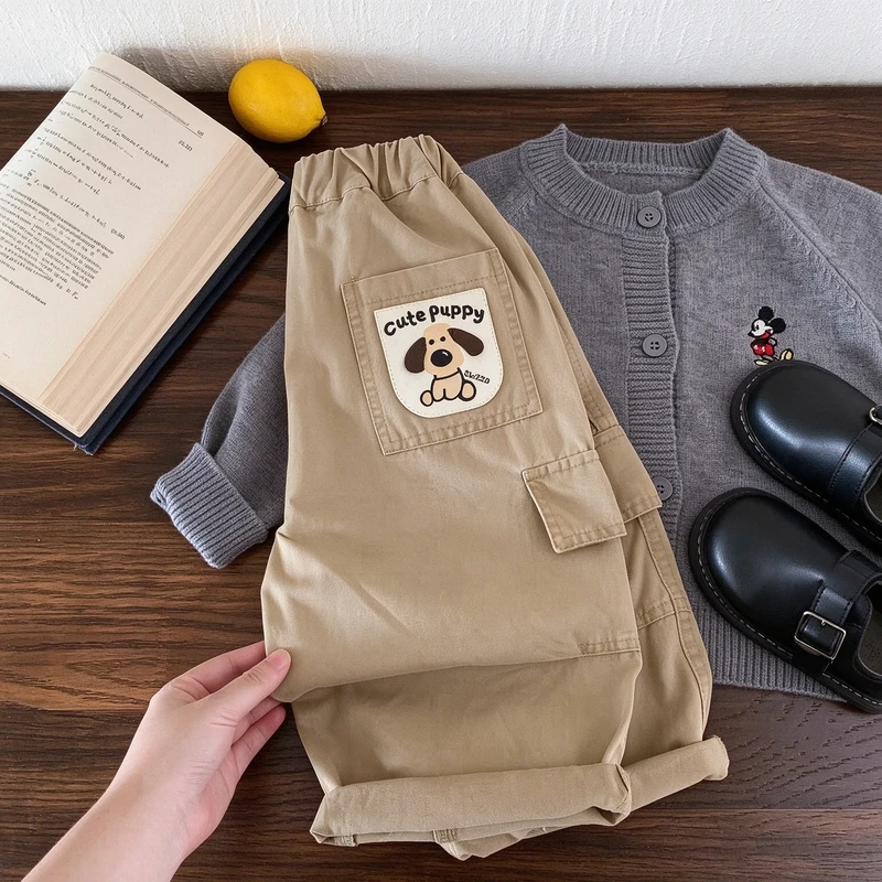 Kids Solid Color Embroidered Dog Cargo Pants