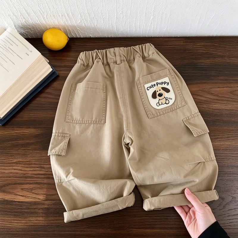 Kids Solid Color Embroidered Dog Cargo Pants