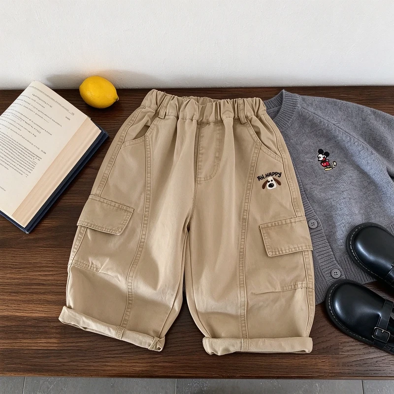 Kids Solid Color Embroidered Dog Cargo Pants