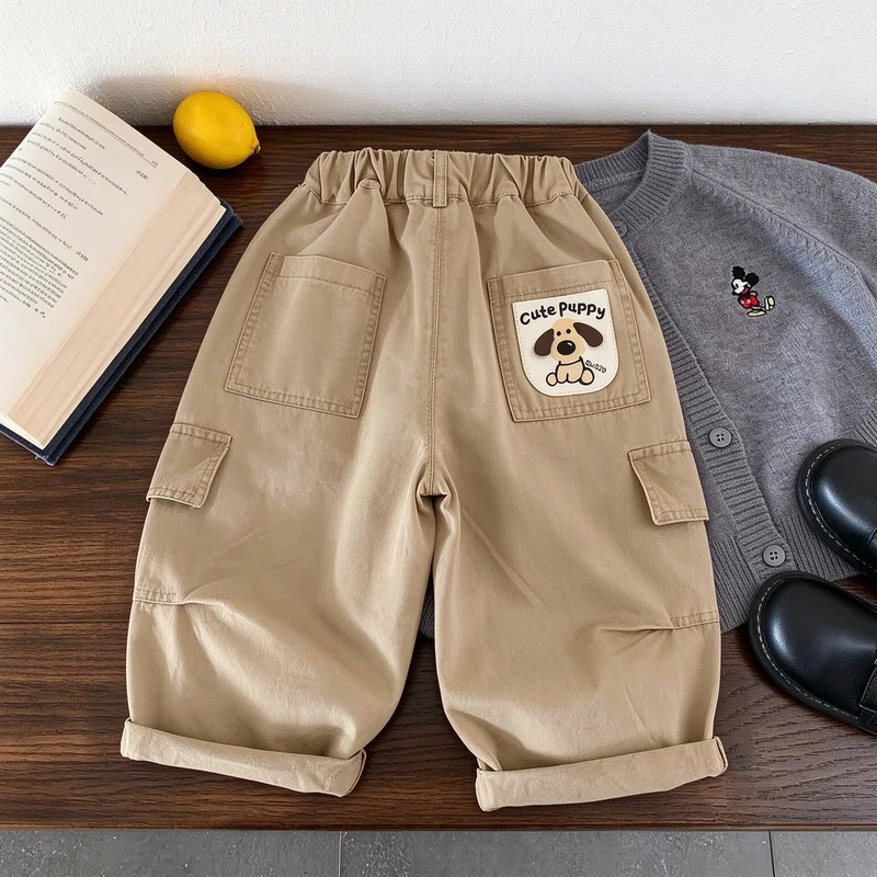 Kids Solid Color Embroidered Dog Cargo Pants
