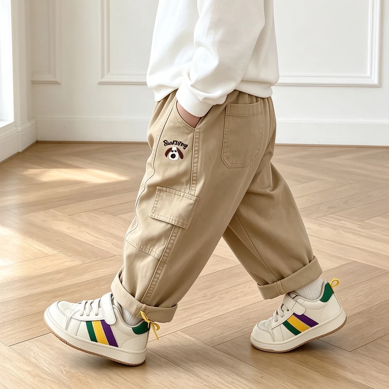 Kids Solid Color Embroidered Dog Cargo Pants