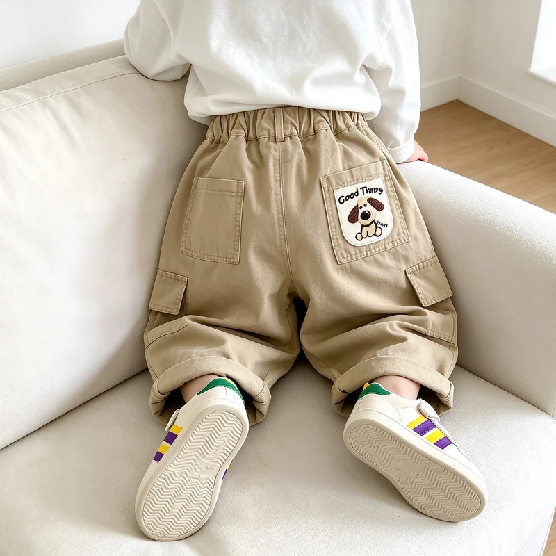 Kids Solid Color Embroidered Dog Cargo Pants