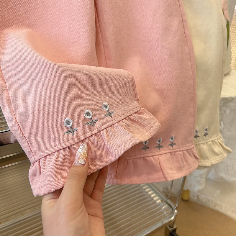 Girl Solid Color Wide-leg Folrals Pants