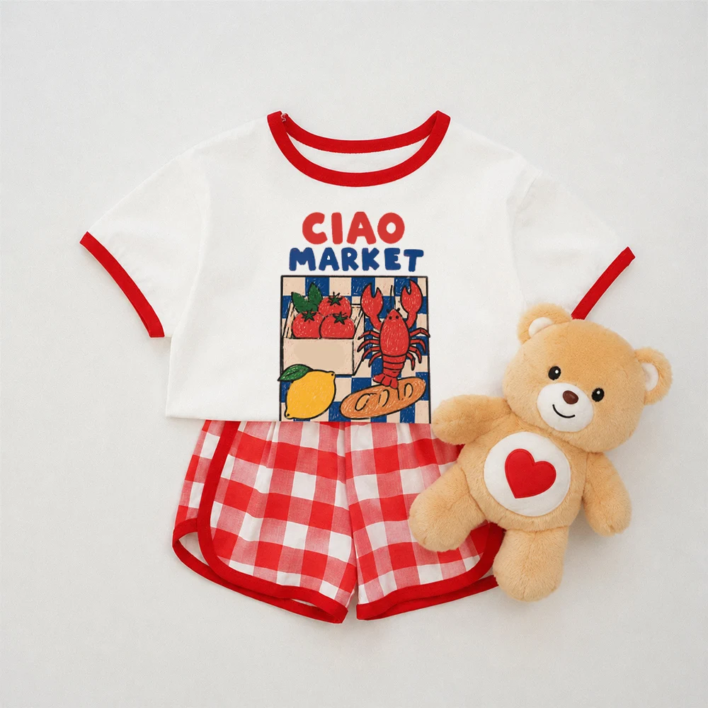 CIAO MARKET Baby & Kids Tomato Lemon Lobster Bread Tee and Plaid Shorts Sets