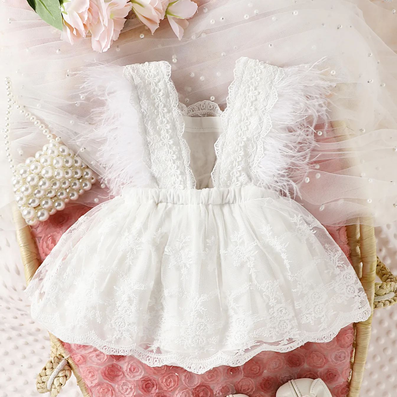 Baby Feather Sleeves Lace Skirted Bodysuit
