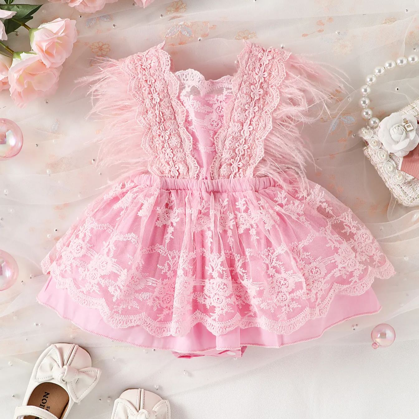 Baby Feather Sleeves Lace Skirted Bodysuit