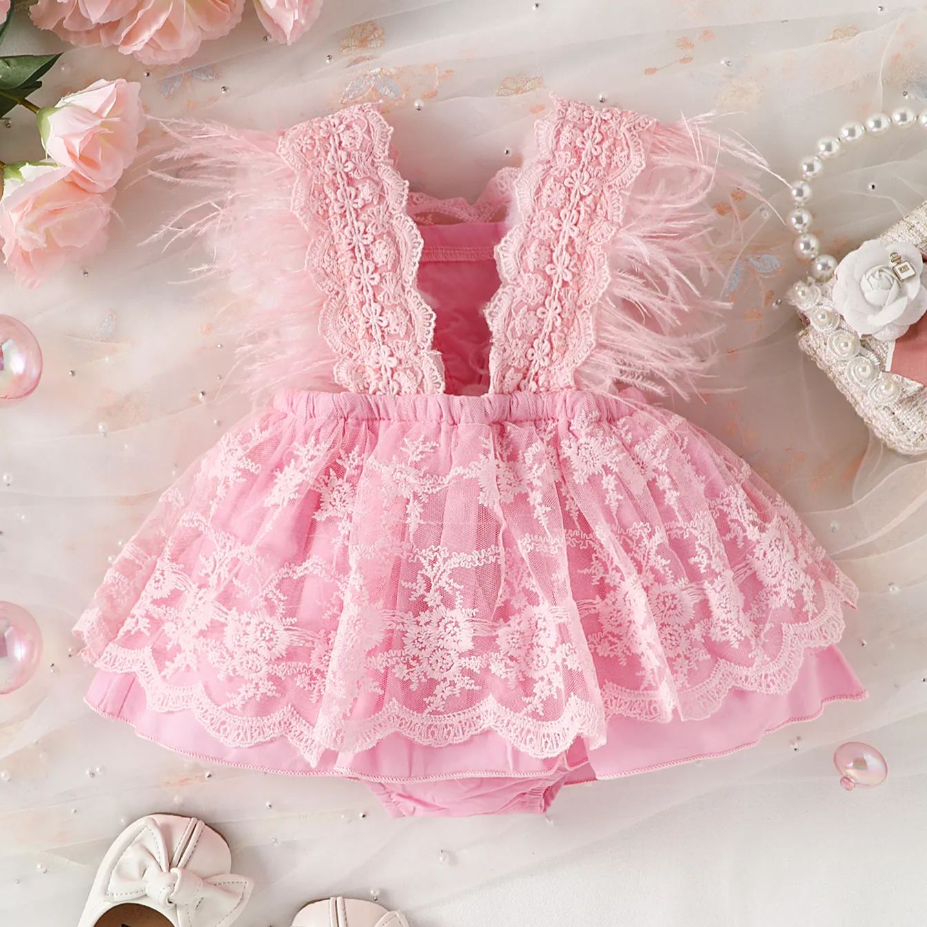 Baby Feather Sleeves Lace Skirted Bodysuit