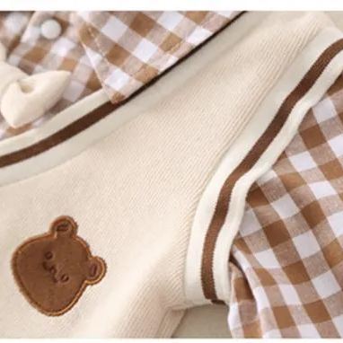  Baby Boy Double Bear Plaid Knot Bow Causual Romper