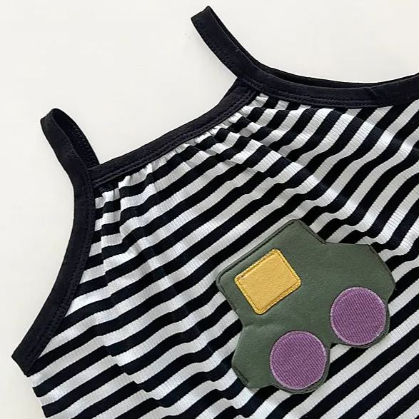 Baby Car Patch Striped Suspender Romper