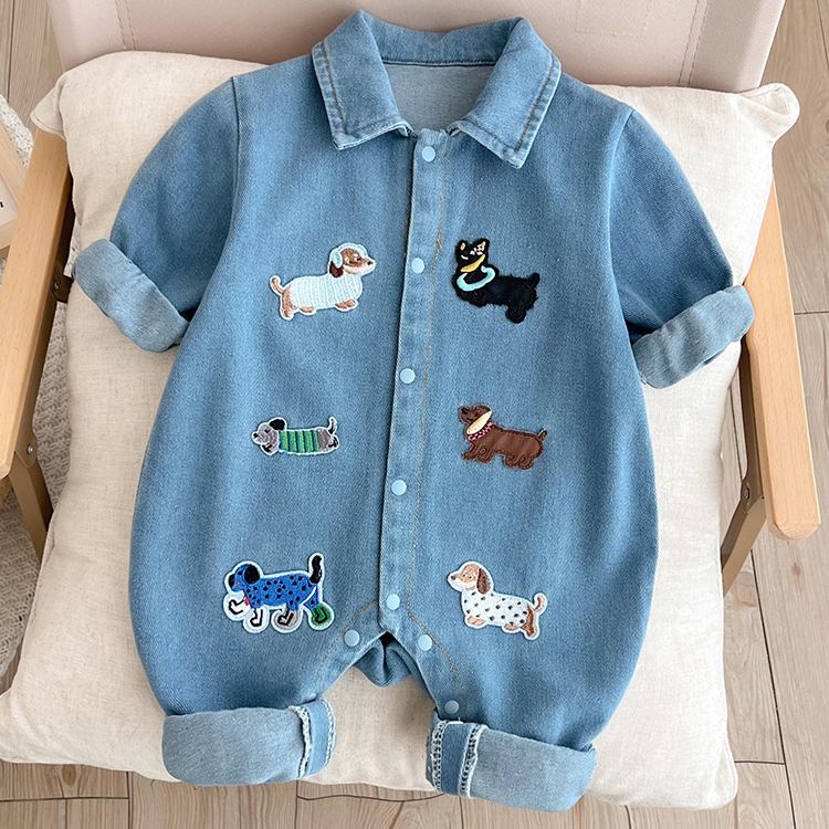 Baby Dog Patches Blue Denim Lapel Romper