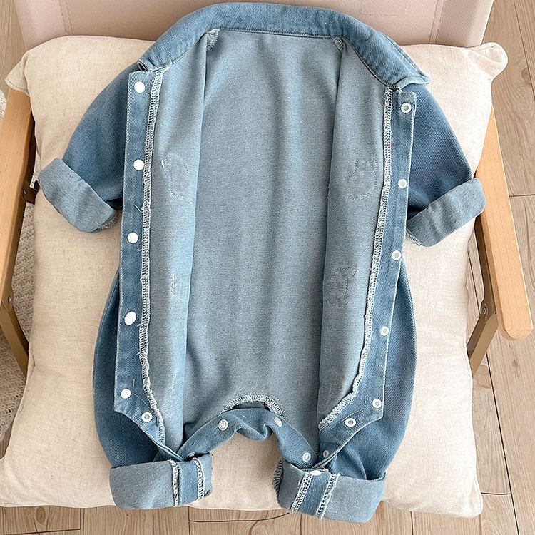 Baby Dog Patches Blue Denim Lapel Romper