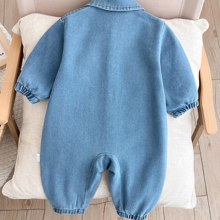 Baby Dog Patches Blue Denim Lapel Romper