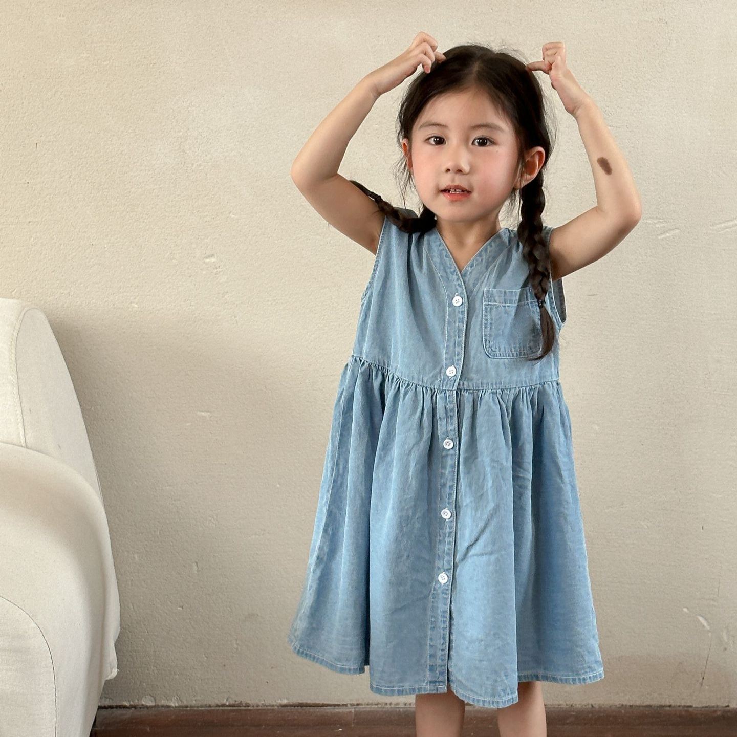 Toddler Denim Blue Casual Sleeveless Dress