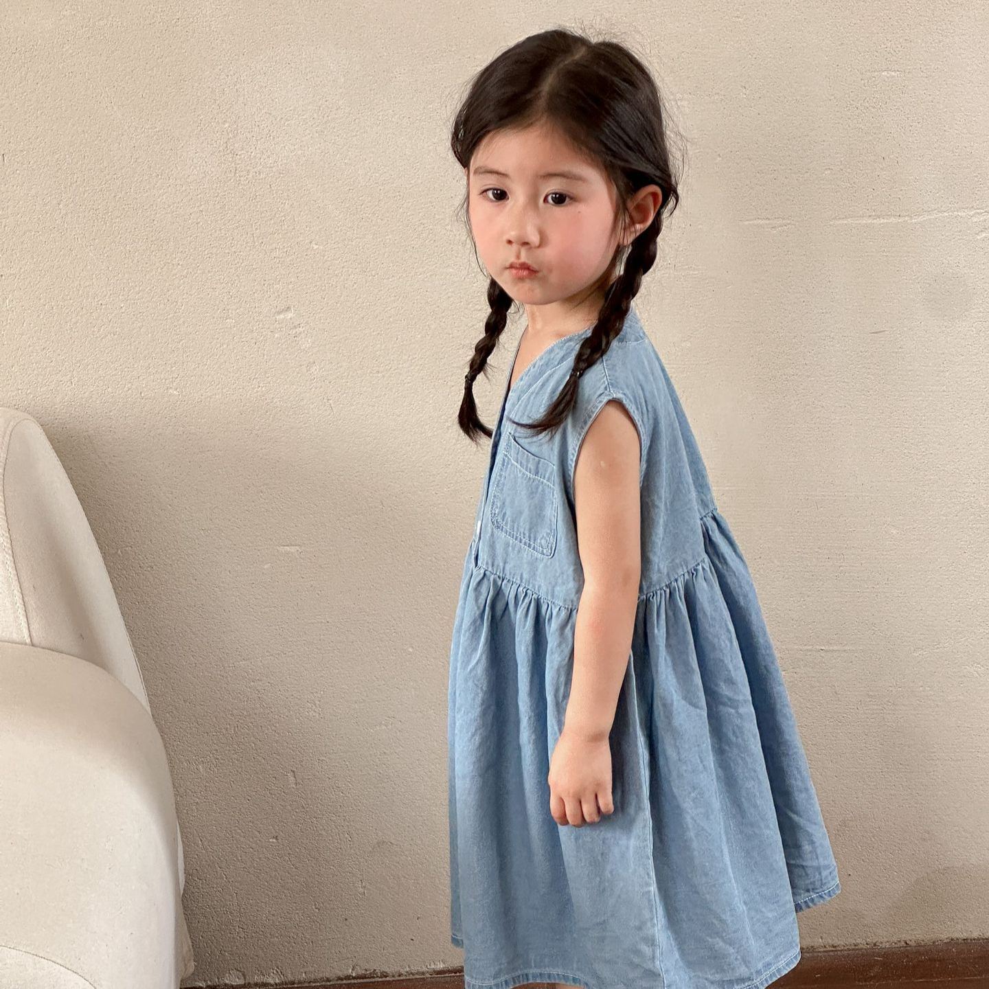Toddler Denim Blue Casual Sleeveless Dress