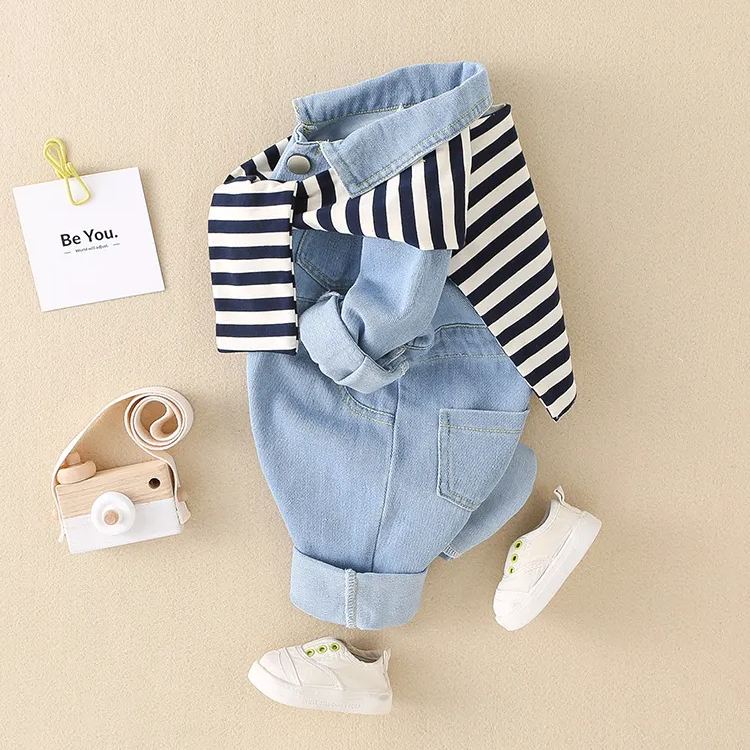 Baby Blue Denim Romper with Striped Shawl
