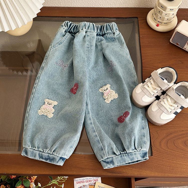 Toddler Girl Bear Heart Pattern Denim Pants