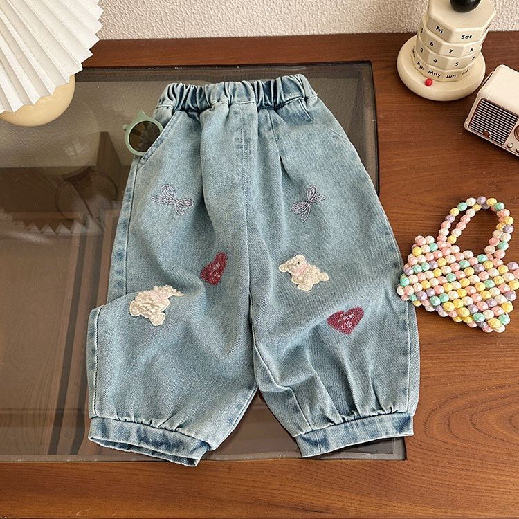 Toddler Girl Bear Heart Pattern Denim Pants