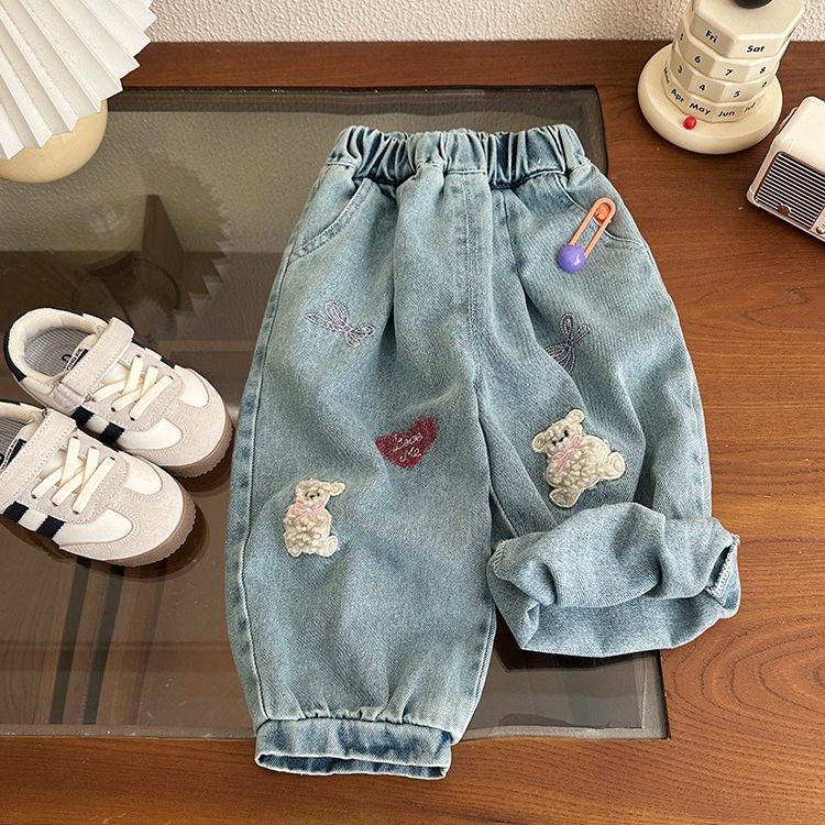 Toddler Girl Bear Heart Pattern Denim Pants