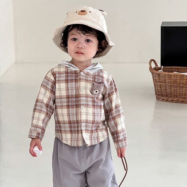 Baby Toddler Boy Bear Plaid Hooded Jacket